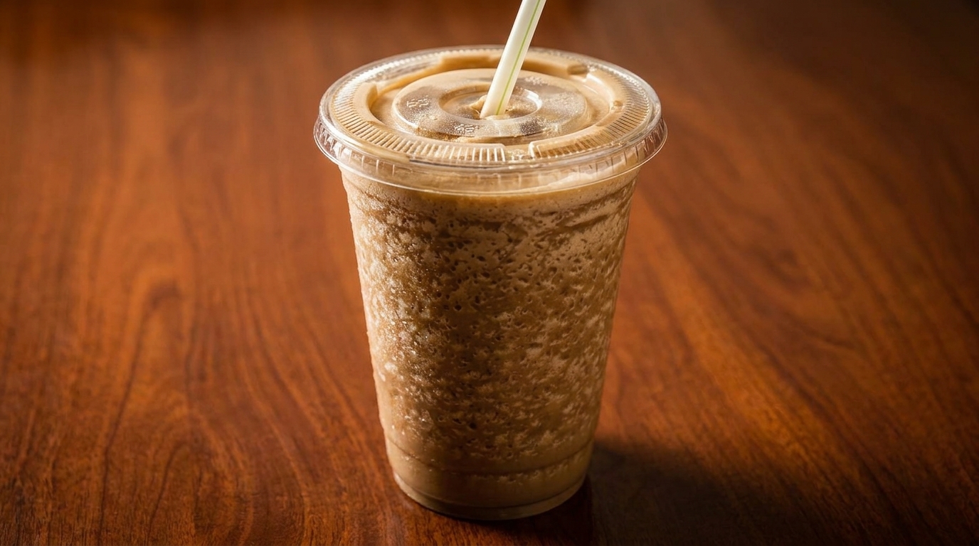 A refreshing blended coffee drink in a clear plastic cup with a straw on a wooden table.