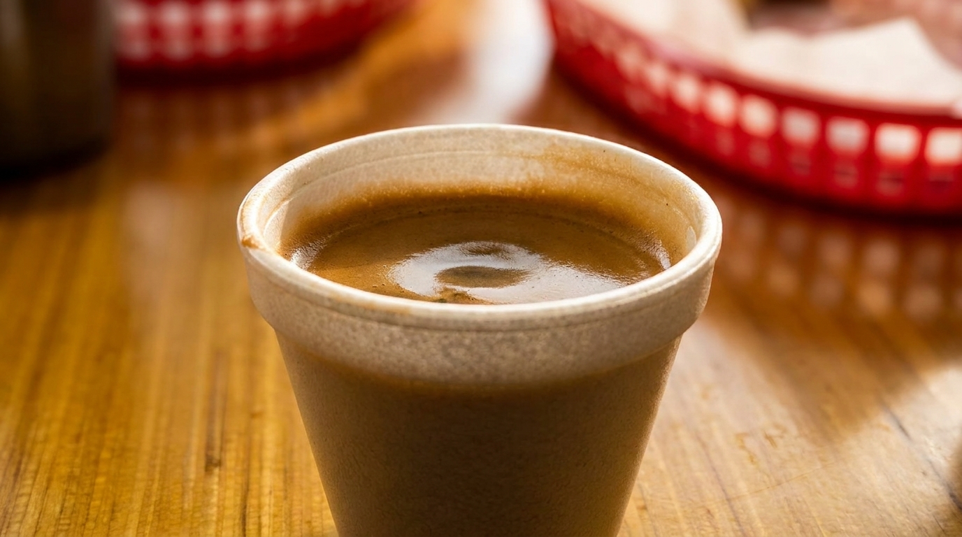 Close-up of a styrofoam cup filled with dark coffee on a wooden table.