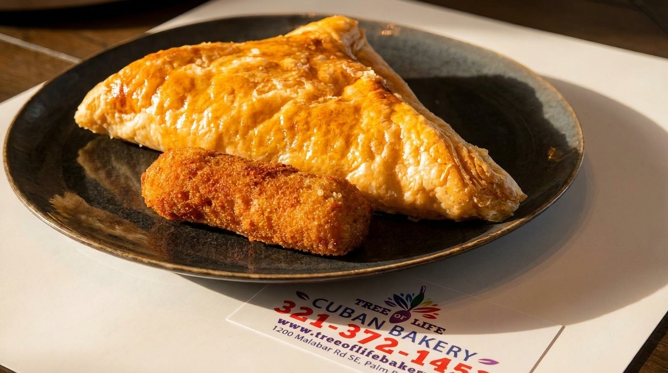 A golden-brown pastry and a croquette on a dark plate, with a Cuban bakery business card.