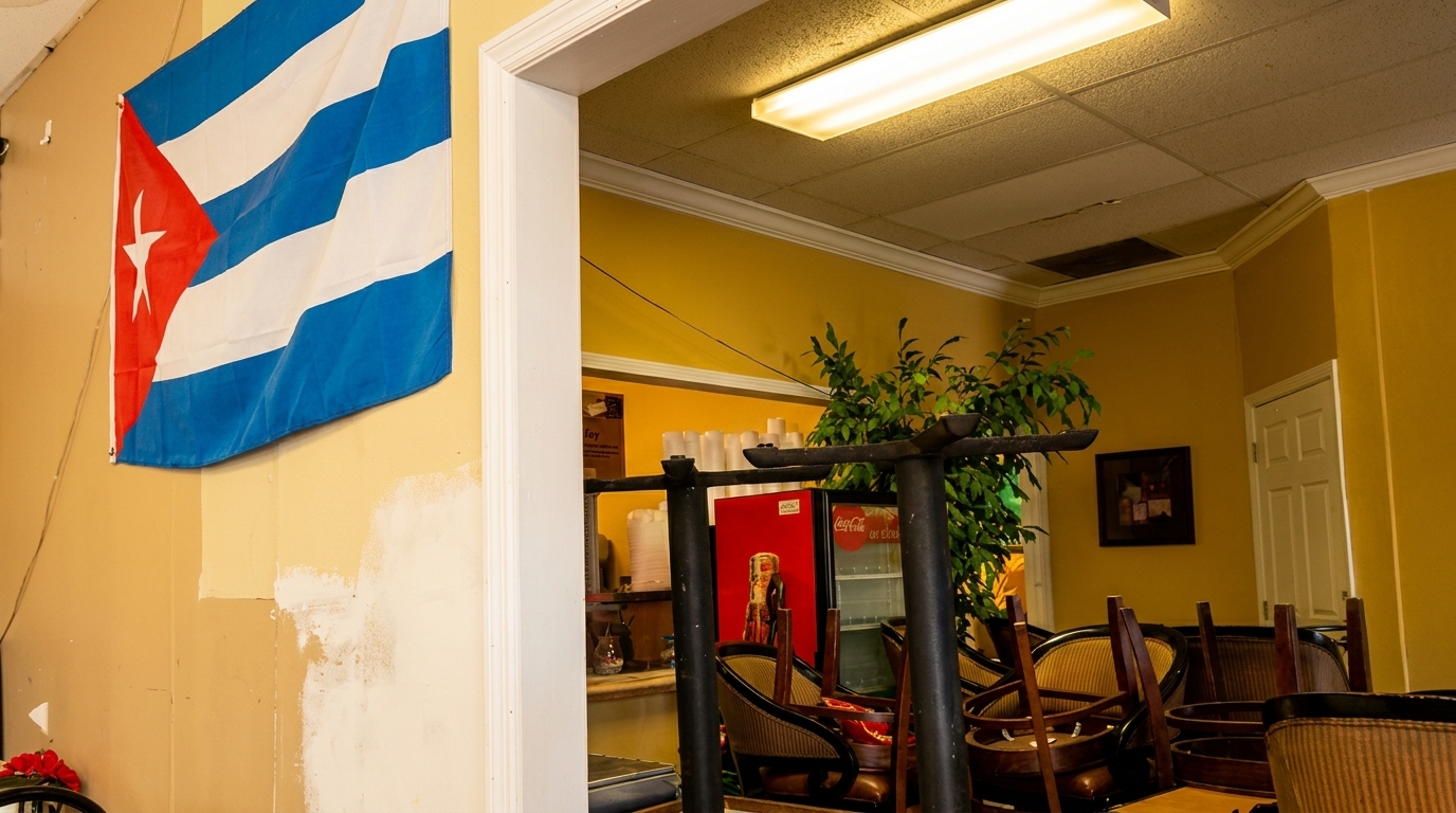 Cuban flag hanging on a yellow wall next to a dining area with chairs stacked on tables.