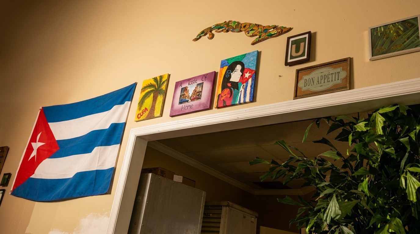 Cuban flag and colorful artwork, including a "Bon Appétit" sign, adorn a restaurant wall.