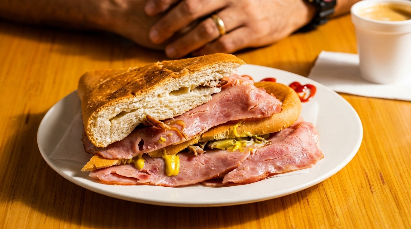 A Cuban sandwich with ham, cheese, and mustard on a white plate with a coffee cup.