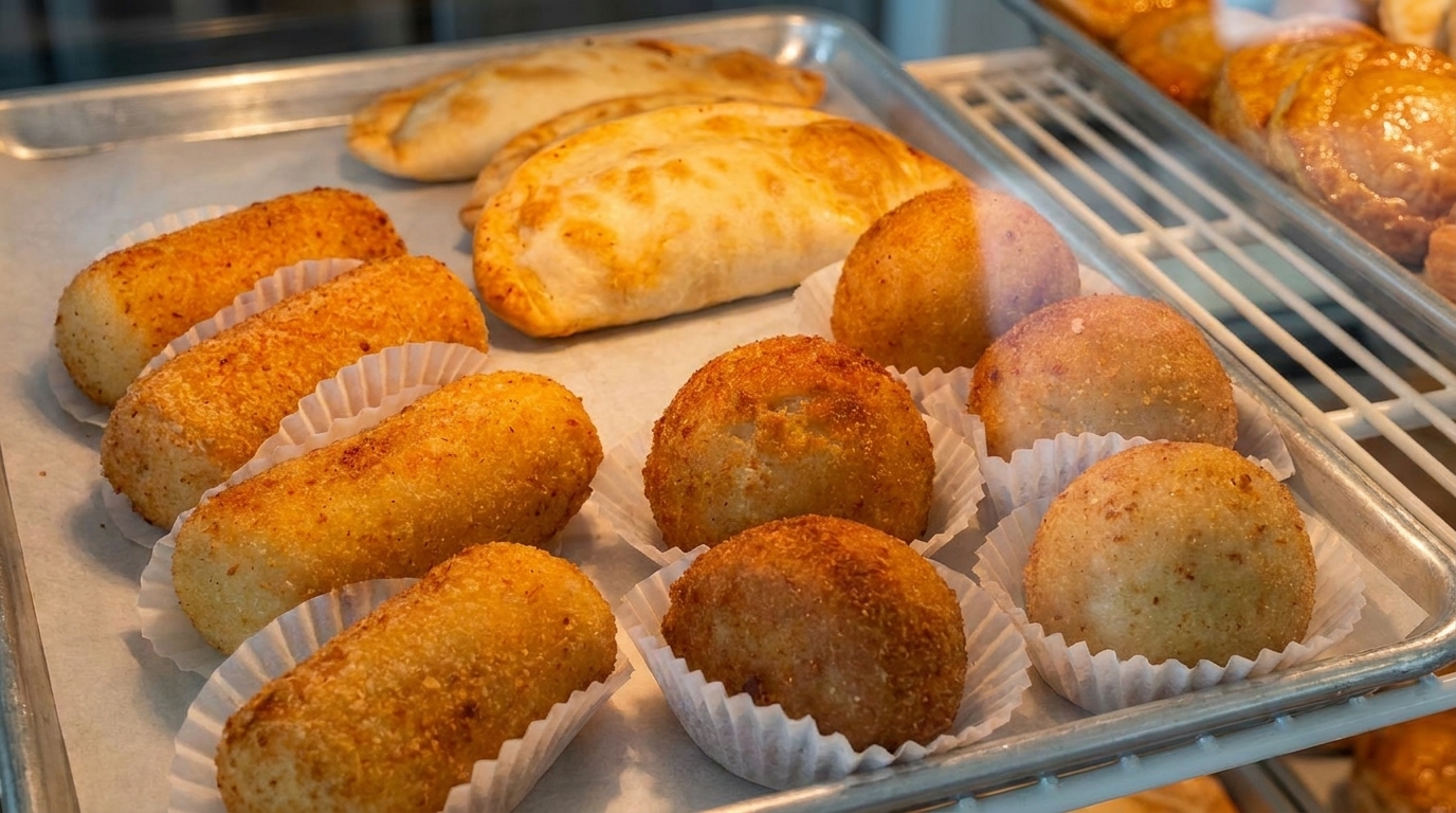 A tray of golden-brown fried pastries, including croquettes, empanadas, and round fritters.