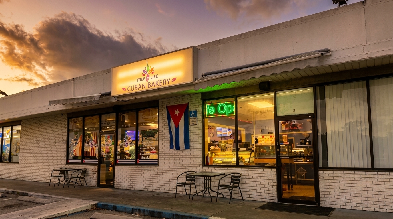 Exterior of Tree of Life Cuban Bakery at dusk, with a Cuban flag and outdoor seating.