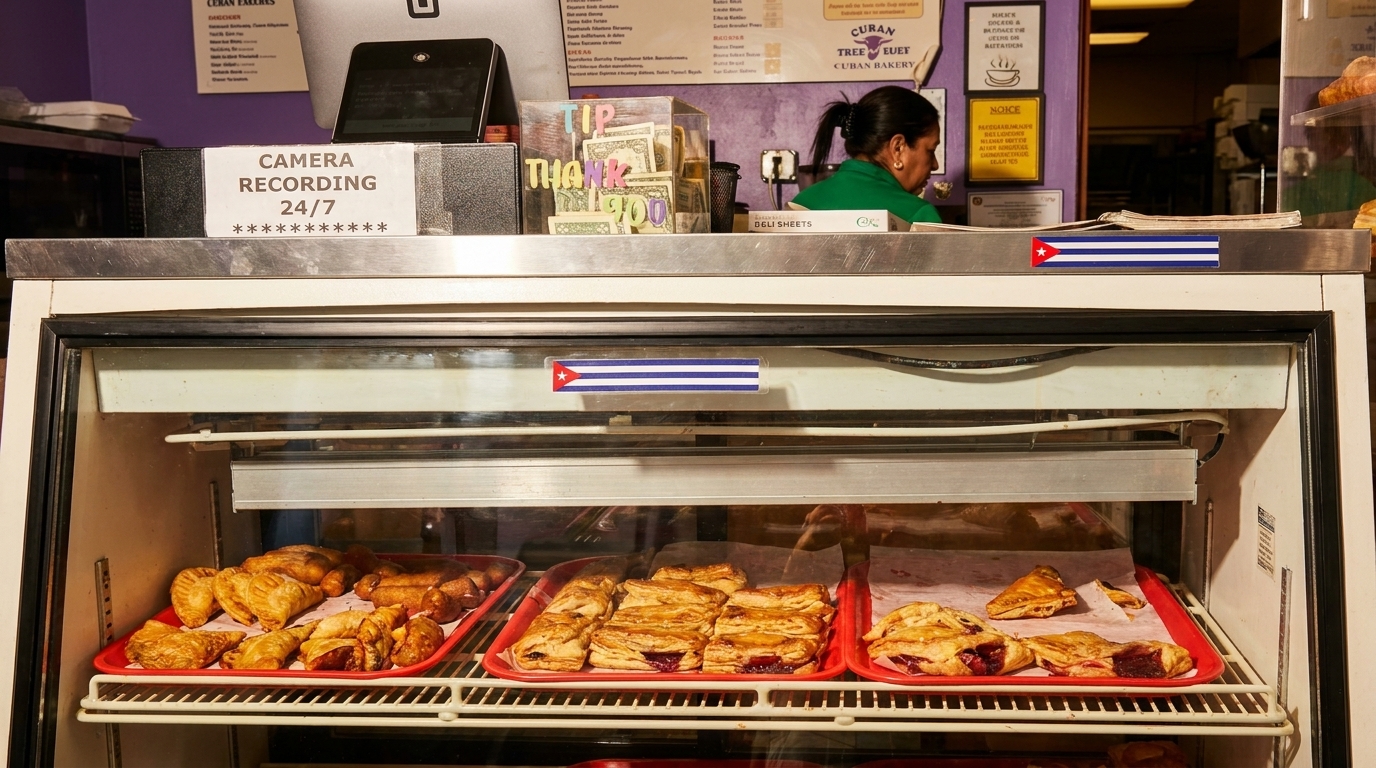 A display case in a Cuban bakery filled with various pastries, with a worker in the background.