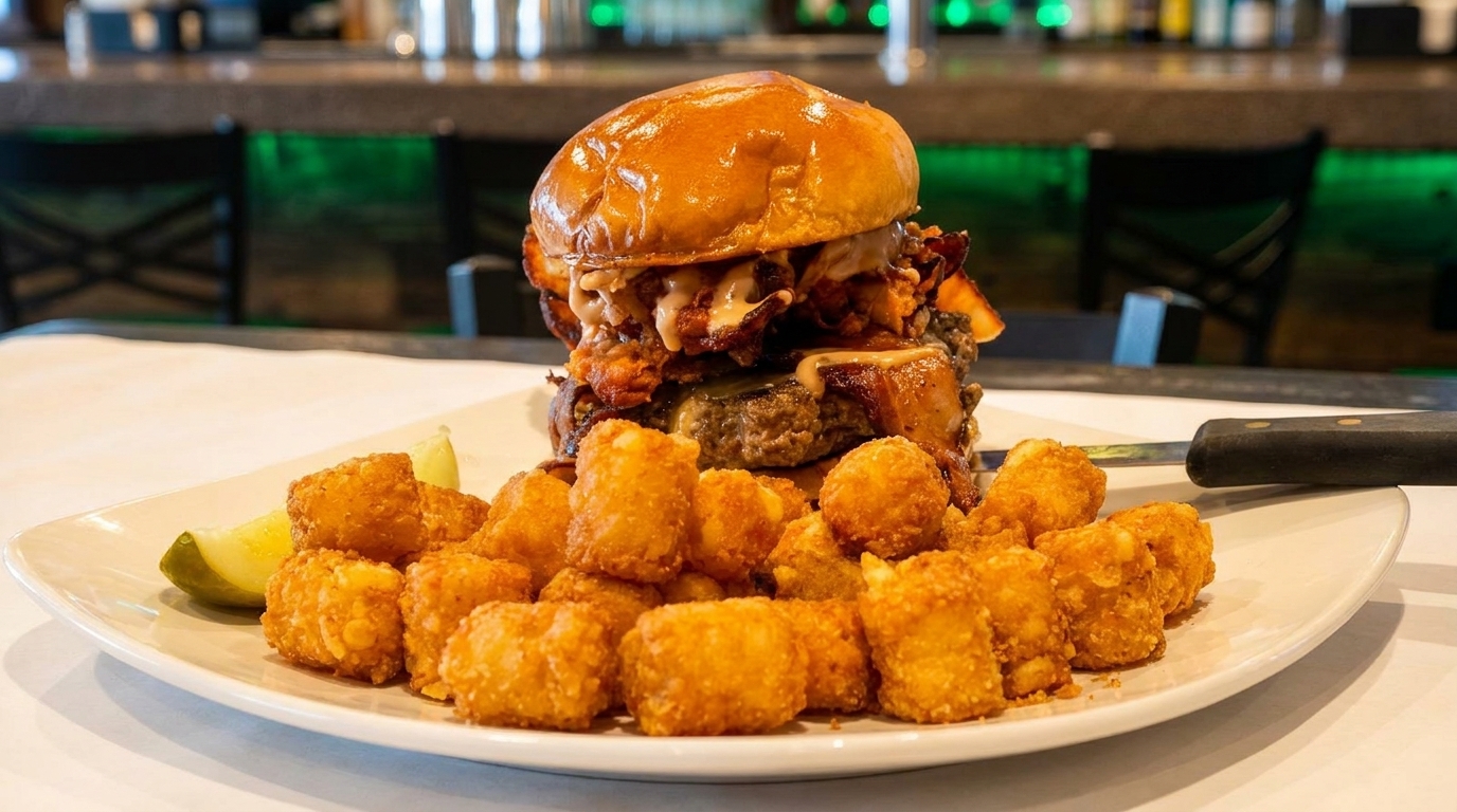 A towering burger with bacon and sauce, served with tater tots and a pickle spear.