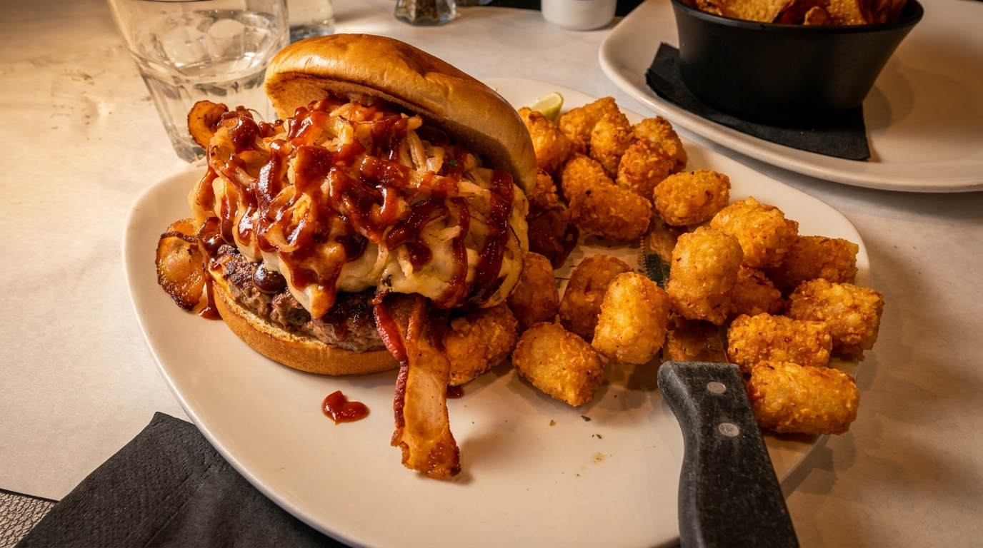 A large burger topped with BBQ sauce, onions, and bacon, served with tater tots.
