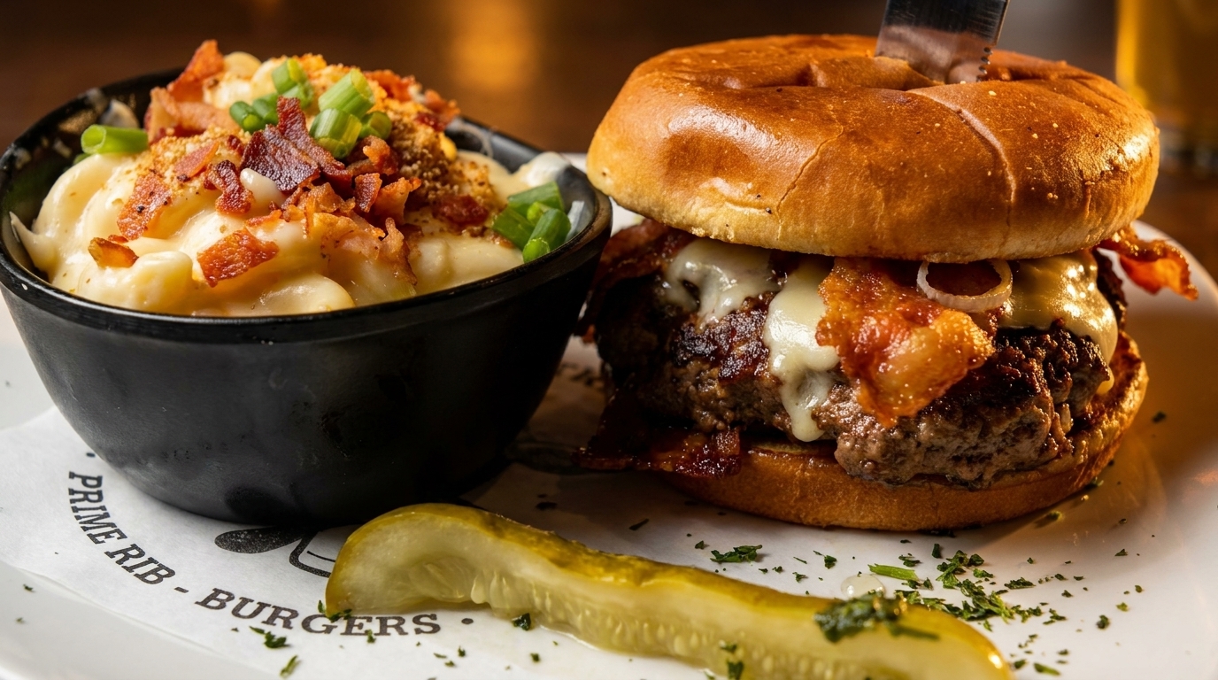 A bacon cheeseburger with a knife, a side of mac and cheese, and a pickle spear.