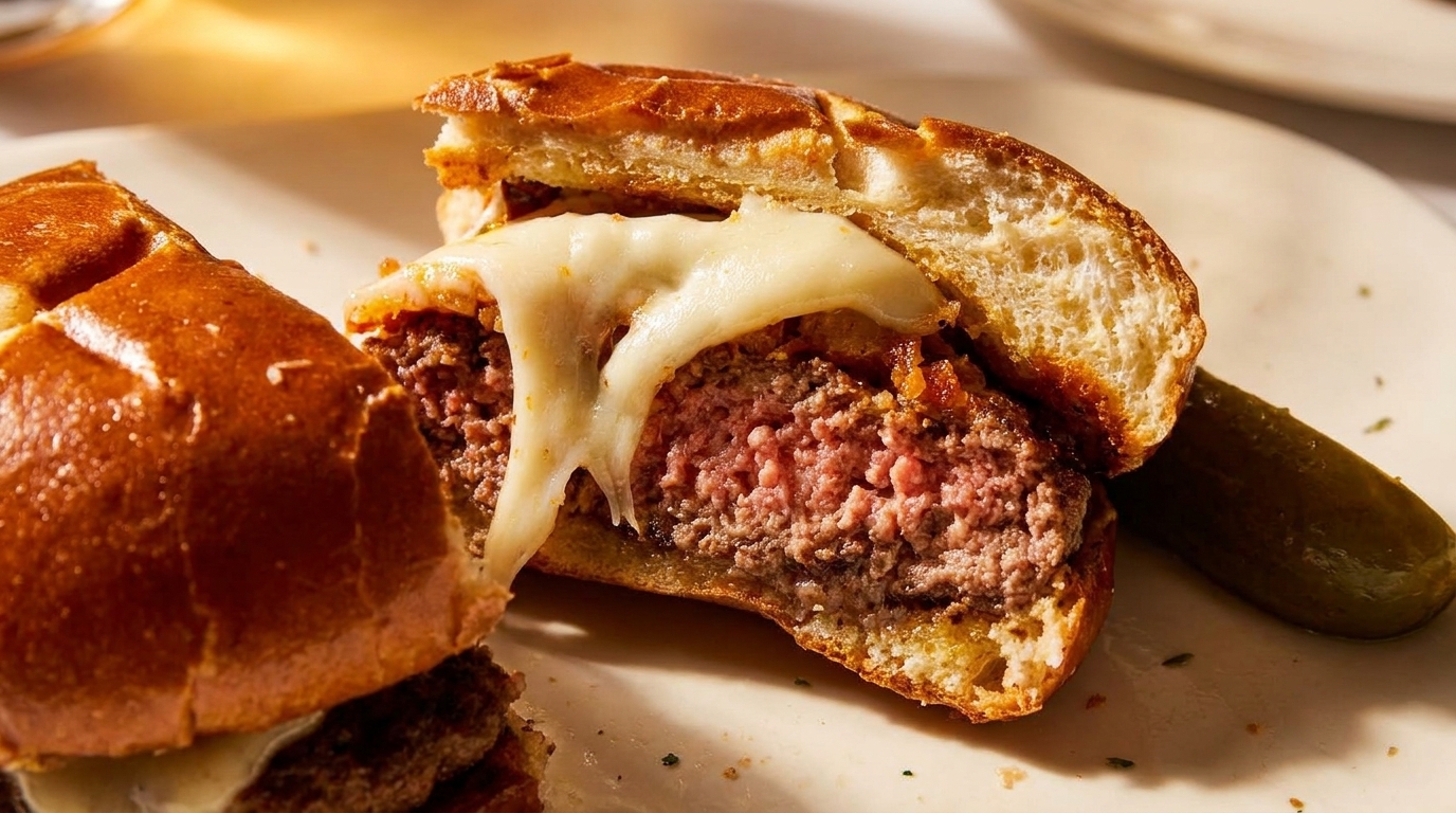 A juicy, medium-rare burger with melted cheese and caramelized onions on a brioche bun, with a pickle spear.