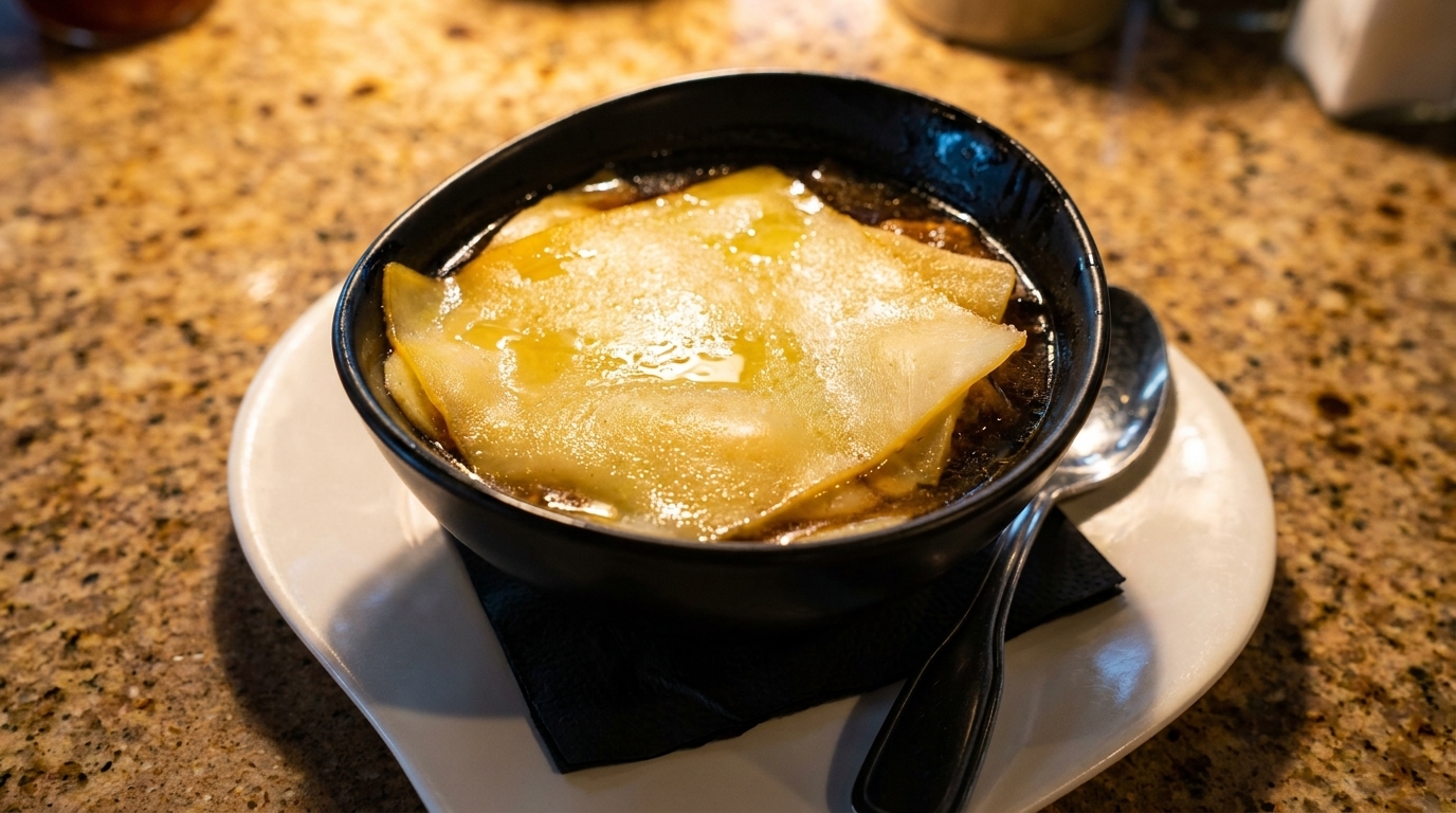 A black bowl of French onion soup with melted cheese on top, served on a white plate.
