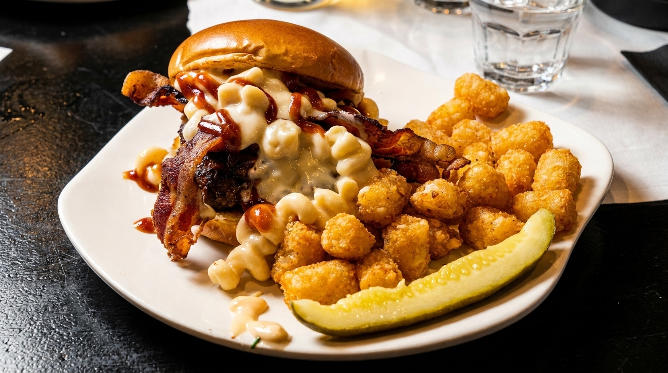 A burger with mac and cheese, bacon, and BBQ sauce, served with tater tots and a pickle.