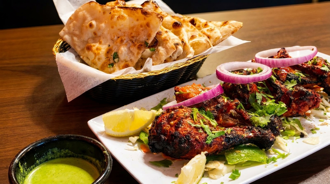 Indian tandoori chicken with red onions and cilantro, naan bread, and green chutney.