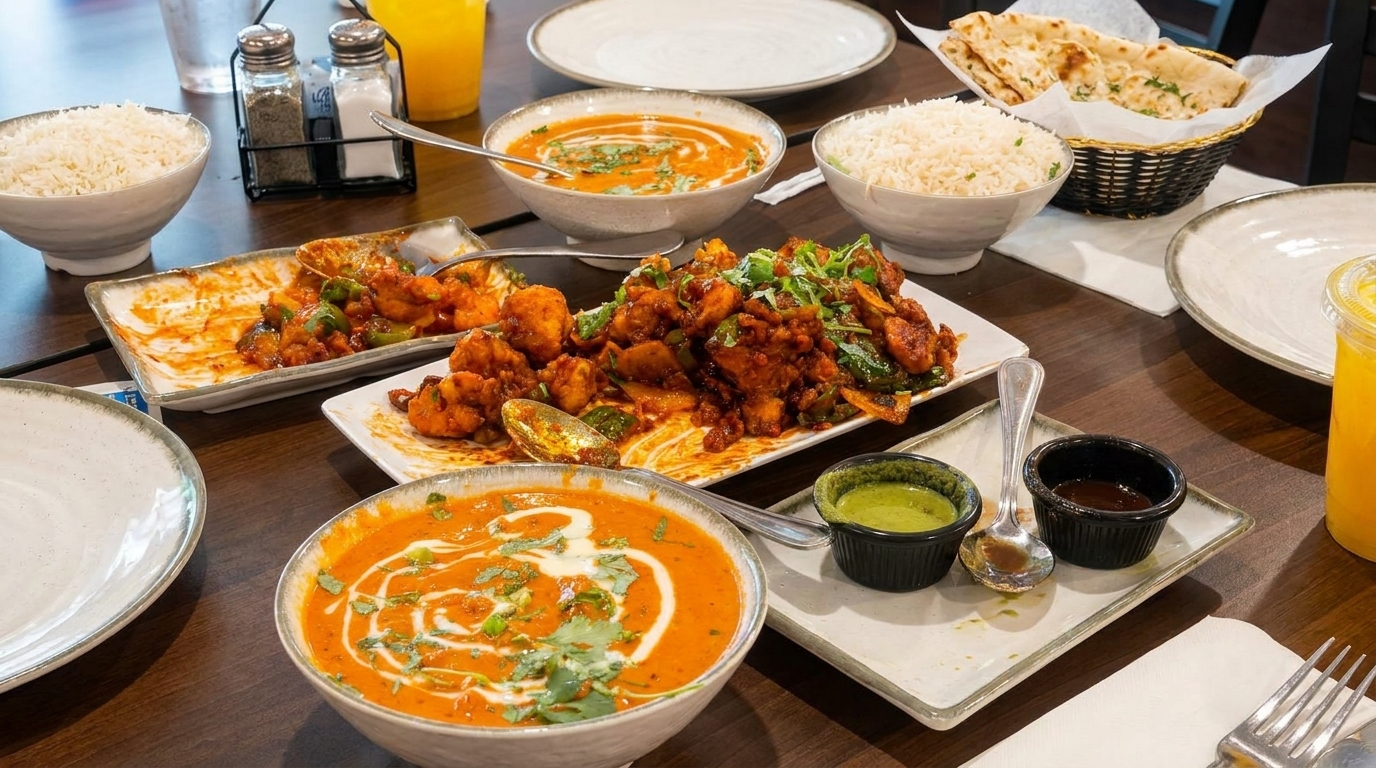 A table laden with various Indian dishes, including curries, rice, naan bread, and drinks.