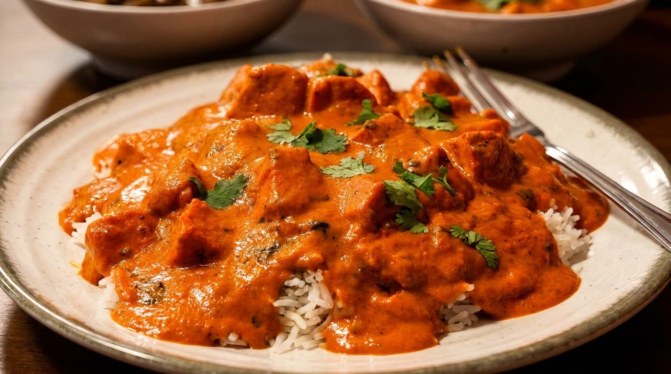 A plate of chicken tikka masala with white rice, garnished with fresh cilantro.
