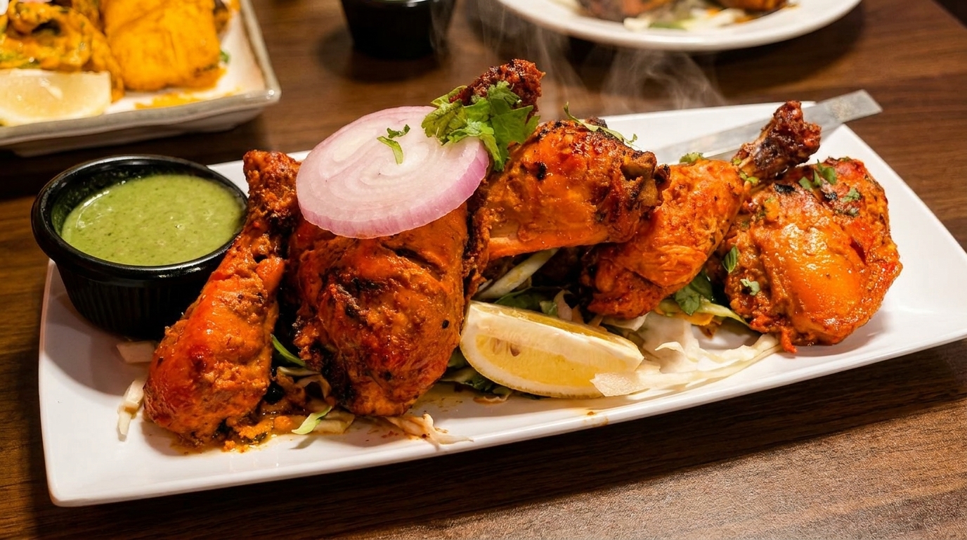 Steaming tandoori chicken drumsticks and thighs with red onion, cilantro, lemon, and green chutney.