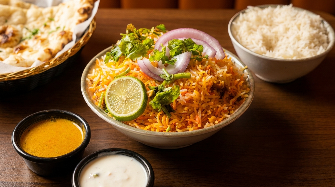 A vibrant bowl of biryani with lime, onions, and cilantro, alongside naan, rice, and sauces.
