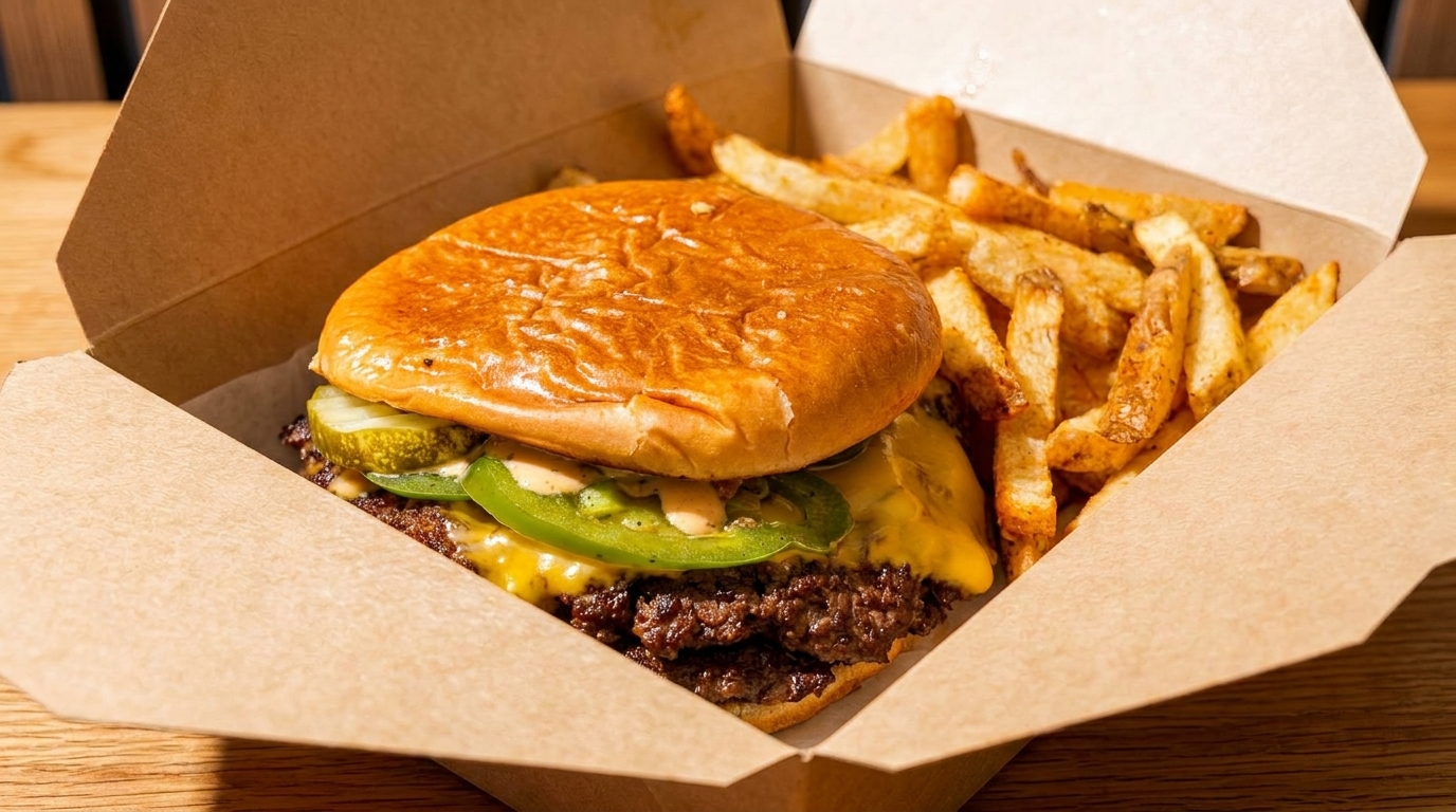 Cheeseburger with pickles, jalapeños, and fries in a brown takeout box.