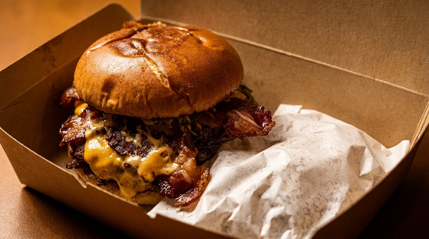 A juicy bacon cheeseburger with melted cheese and crispy bacon in a cardboard takeout box.