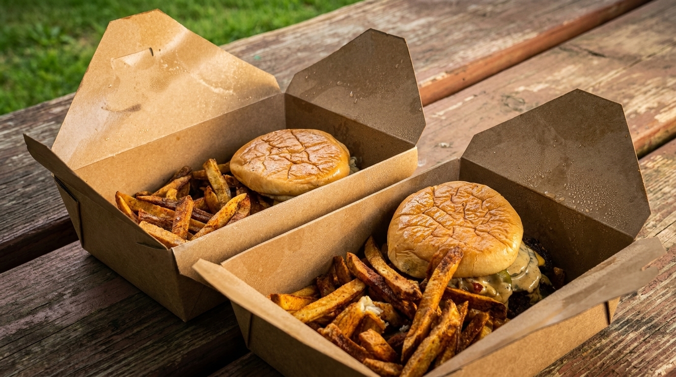 Two open cardboard takeout boxes filled with burgers and french fries on a wooden picnic table.