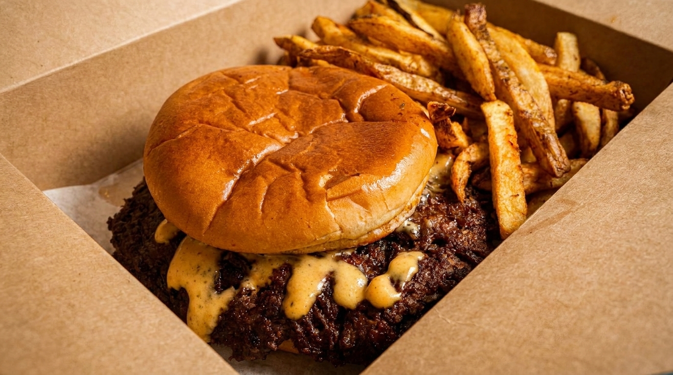 A smash burger with special sauce and a side of fries in a brown takeout box.