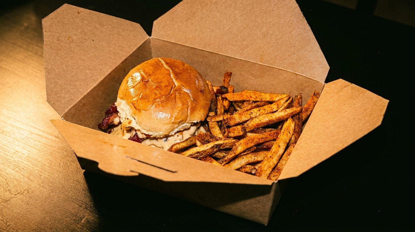 A burger with bacon and sauce next to seasoned fries in a brown takeout box.