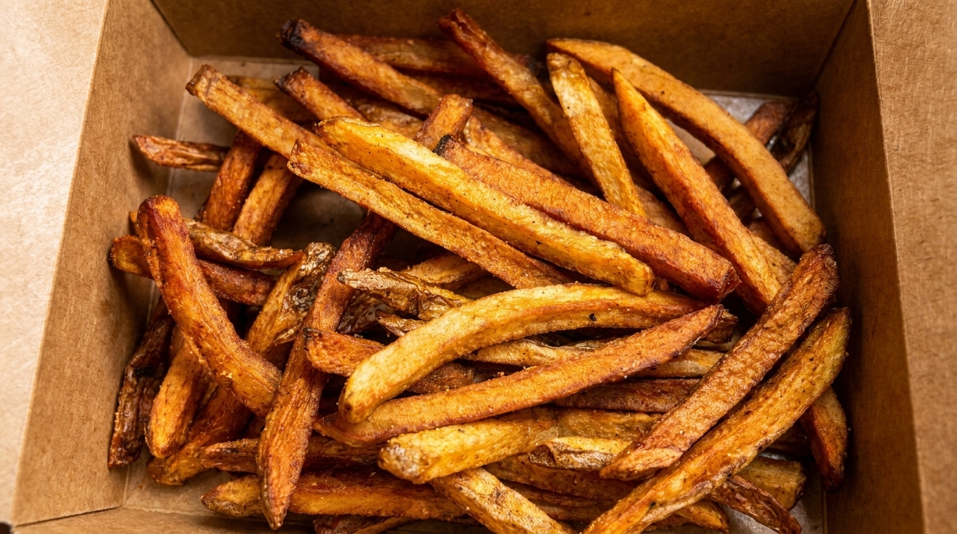 Crispy, golden-brown French fries, lightly seasoned, filling a brown cardboard container.