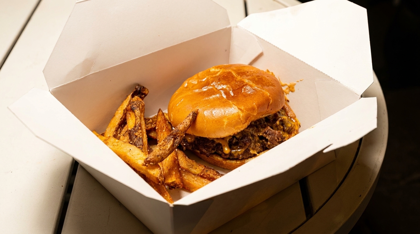 Cheeseburger with a side of fries in a white takeout box on a light-colored table.