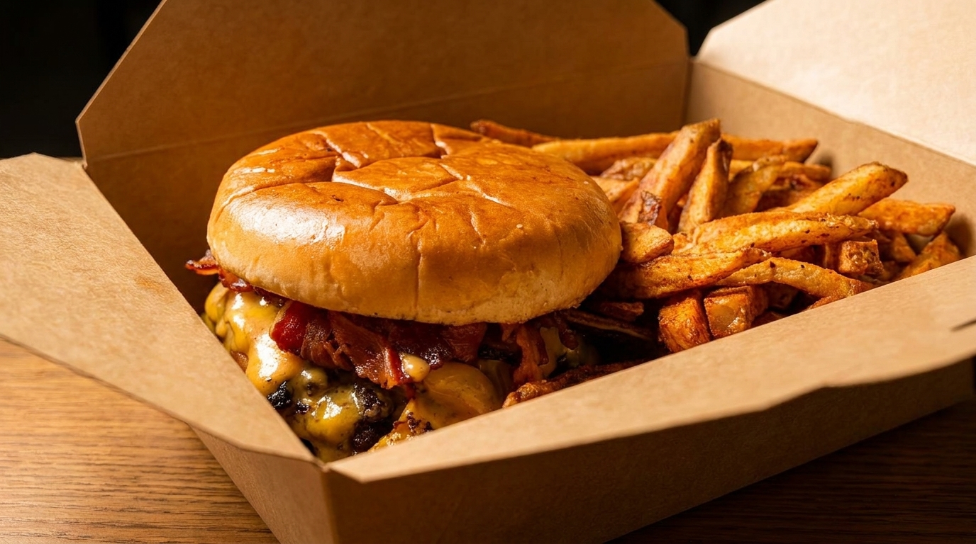 Cheeseburger with bacon and a side of fries in a brown takeout container.