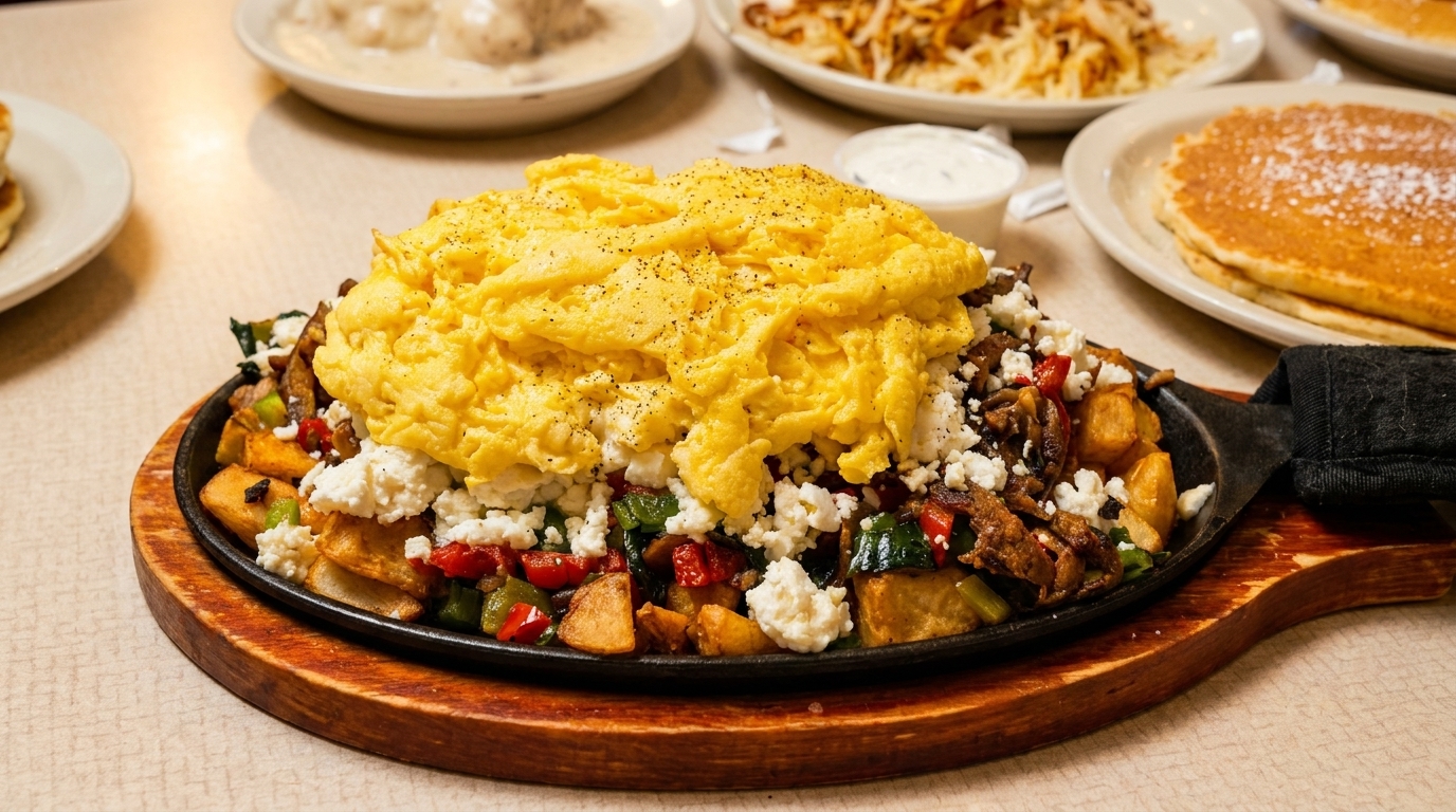 Breakfast skillet with scrambled eggs, potatoes, peppers, and feta cheese, with pancakes and hash browns in background.
