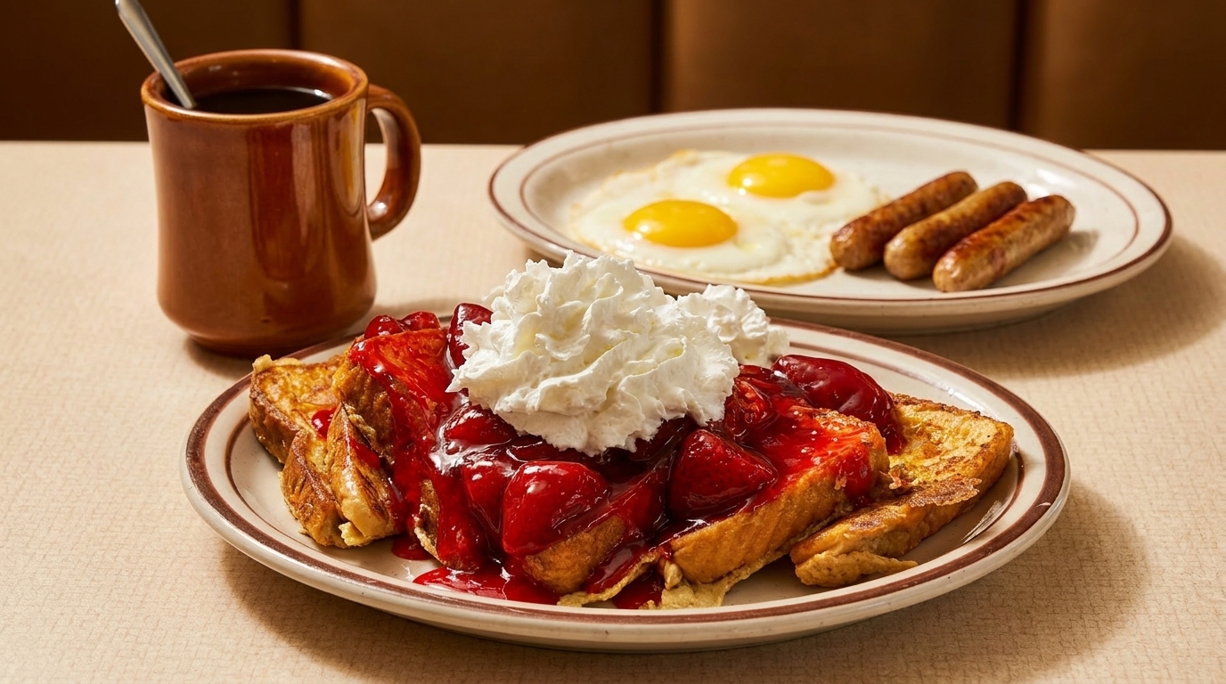 French toast with strawberries and whipped cream, with eggs, sausage, and coffee.