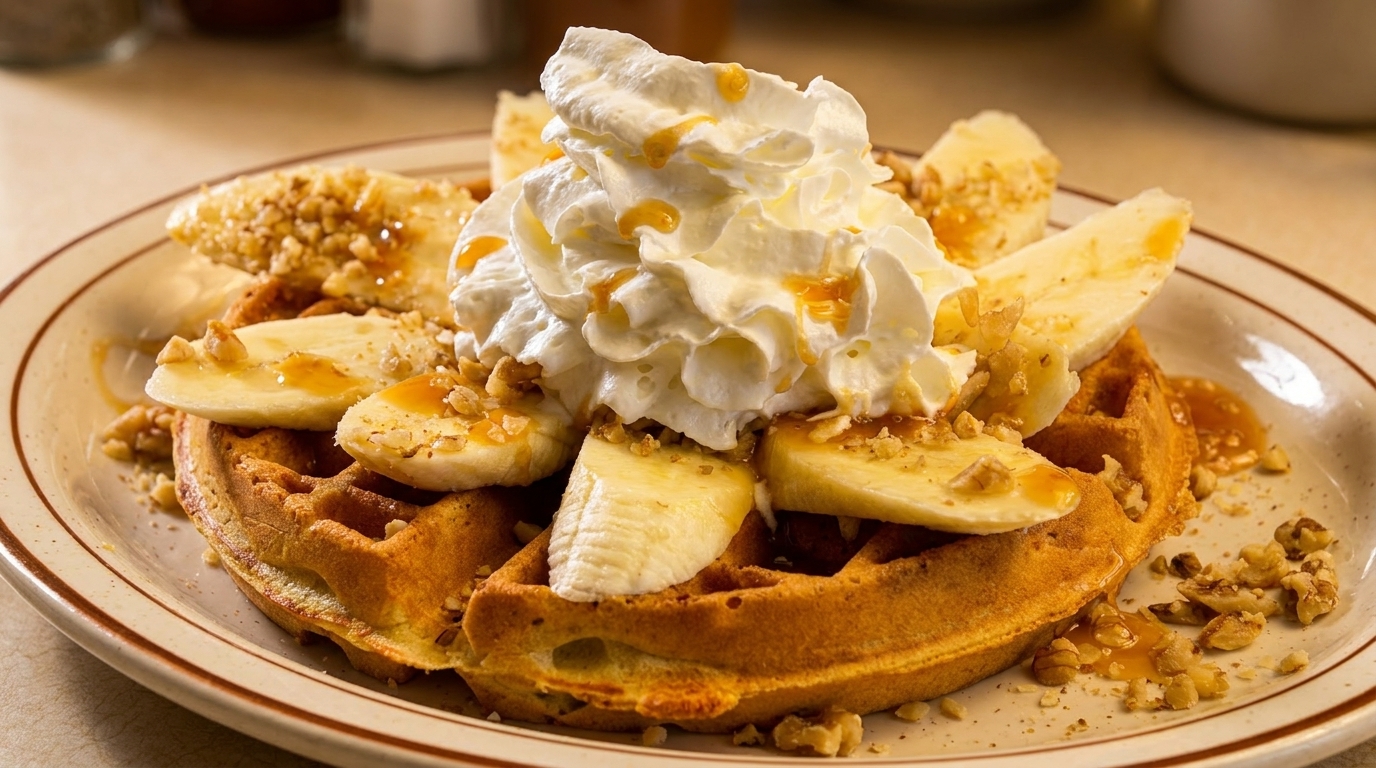 Golden waffle topped with sliced bananas, whipped cream, chopped walnuts, and caramel drizzle.