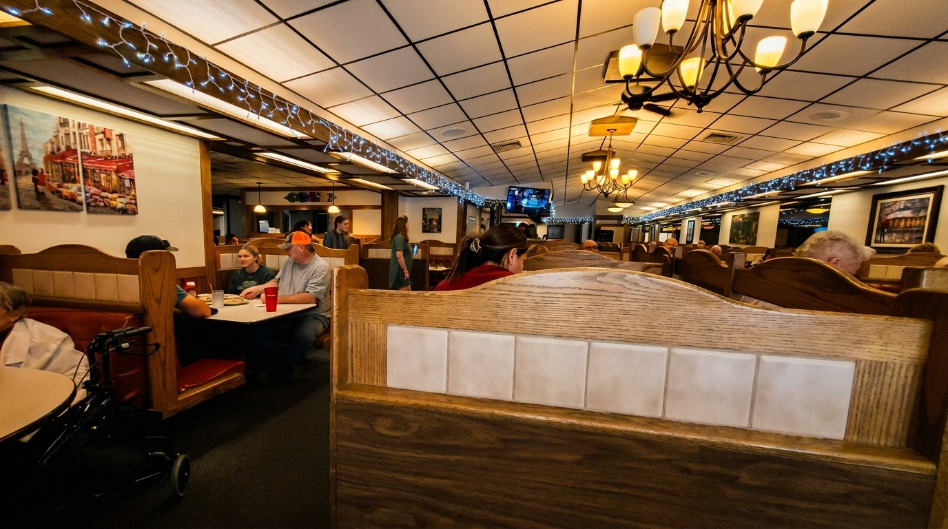 Diners seated in booths and at tables in a brightly lit restaurant with string lights and chandeliers.