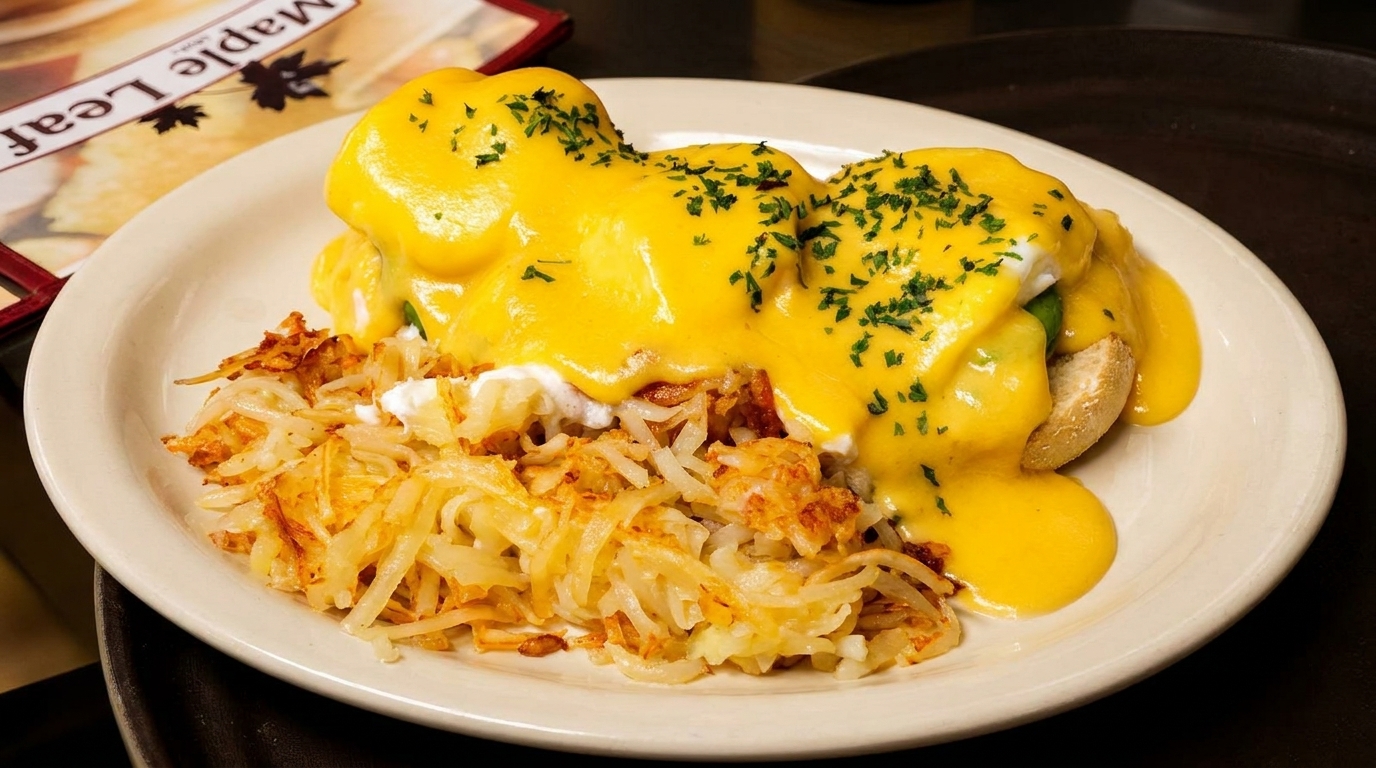 Eggs Benedict with hollandaise sauce and hash browns on a white plate at Maple Leaf.