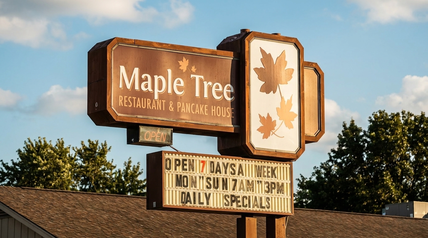 A brown sign for Maple Tree Restaurant & Pancake House with hours and daily specials.