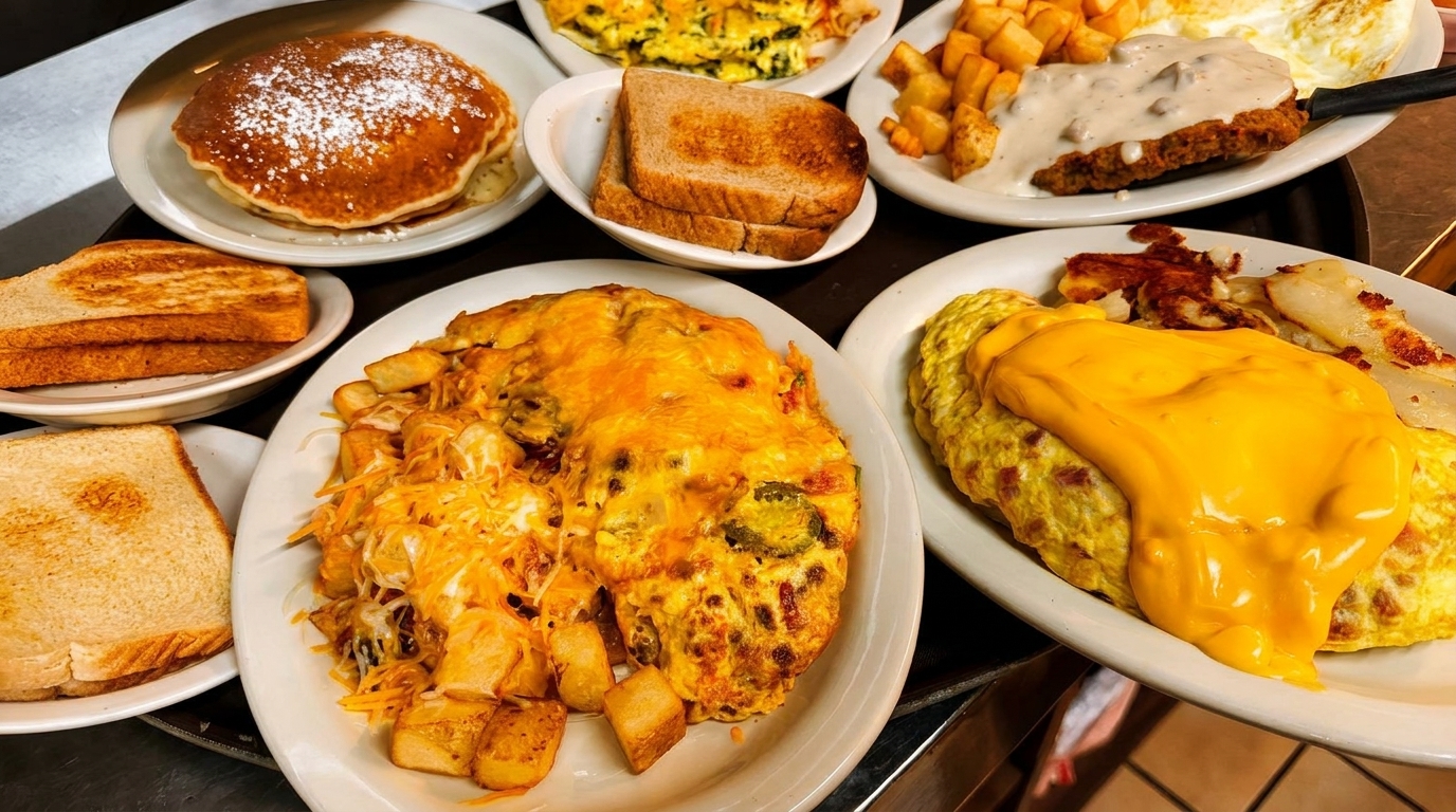 A table laden with various breakfast dishes, including pancakes, omelets, toast, and country-fried steak.