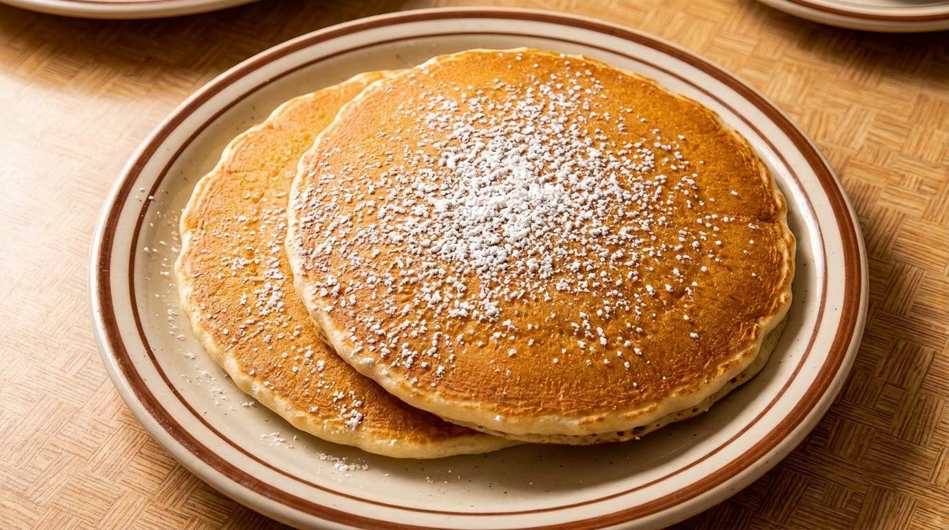 Two golden pancakes dusted with powdered sugar on a white plate with brown stripes.