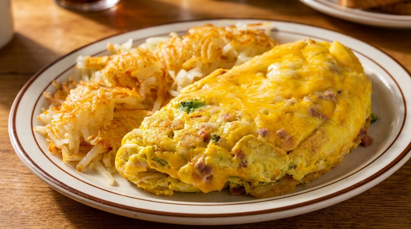 A fluffy omelet with melted cheese, ham, and broccoli, served with crispy hash browns on a plate.