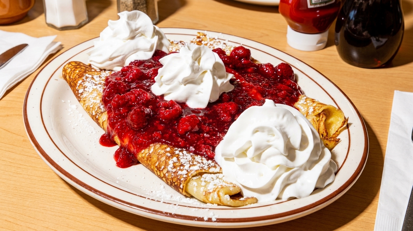 A plate of crepes topped with raspberry compote, powdered sugar, and whipped cream.