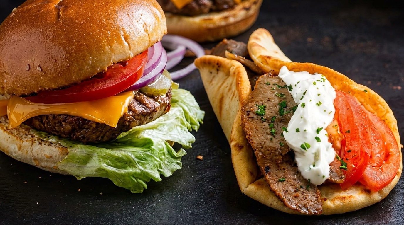 A cheeseburger with lettuce, tomato, and onion next to a gyro with meat, tomatoes, and tzatziki.