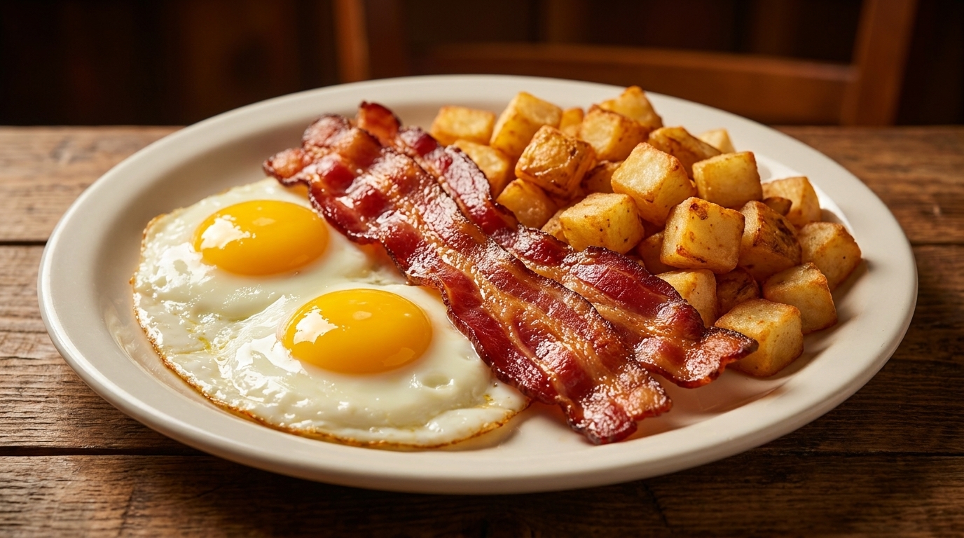 A breakfast plate with two fried eggs, crispy bacon strips, and golden-brown home fries.