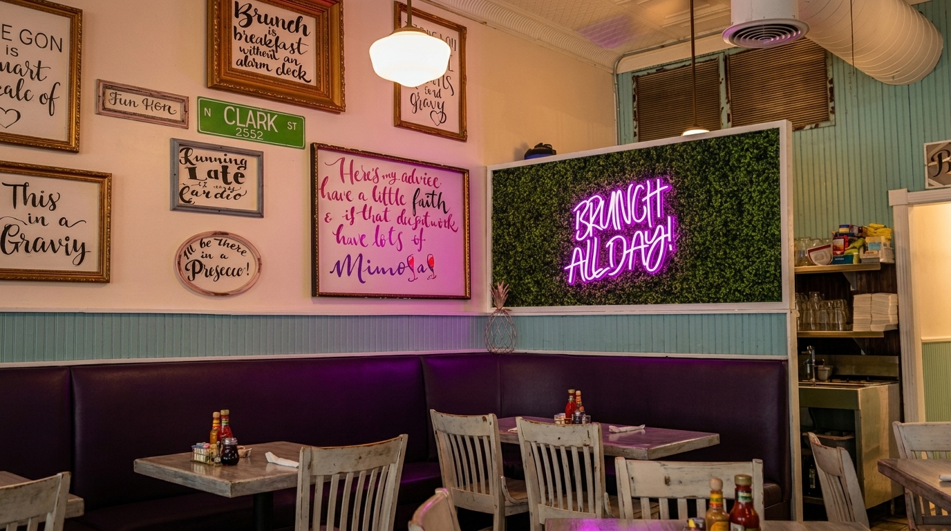 A restaurant interior with purple booths, wooden tables, and quirky framed signs on the wall, including a "Brunch All Day" neon sign.