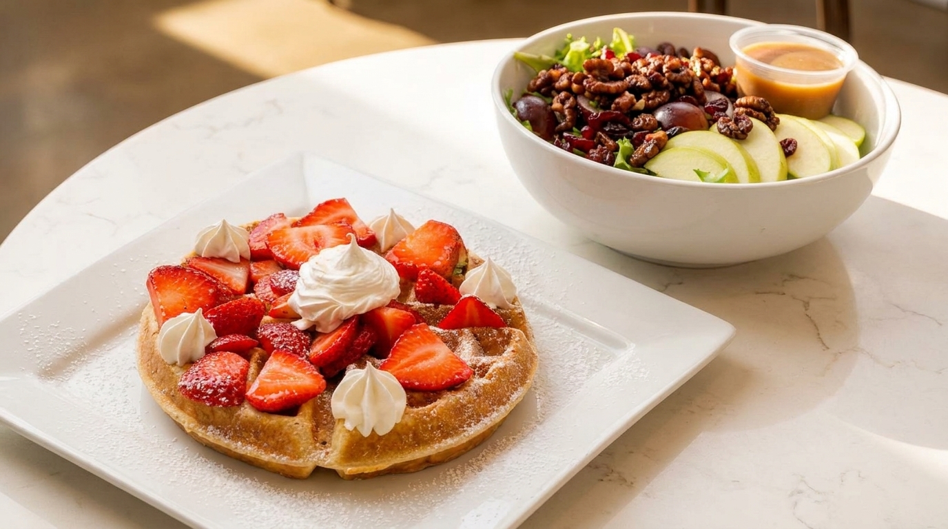 A waffle with strawberries and whipped cream next to a salad with apples and walnuts.