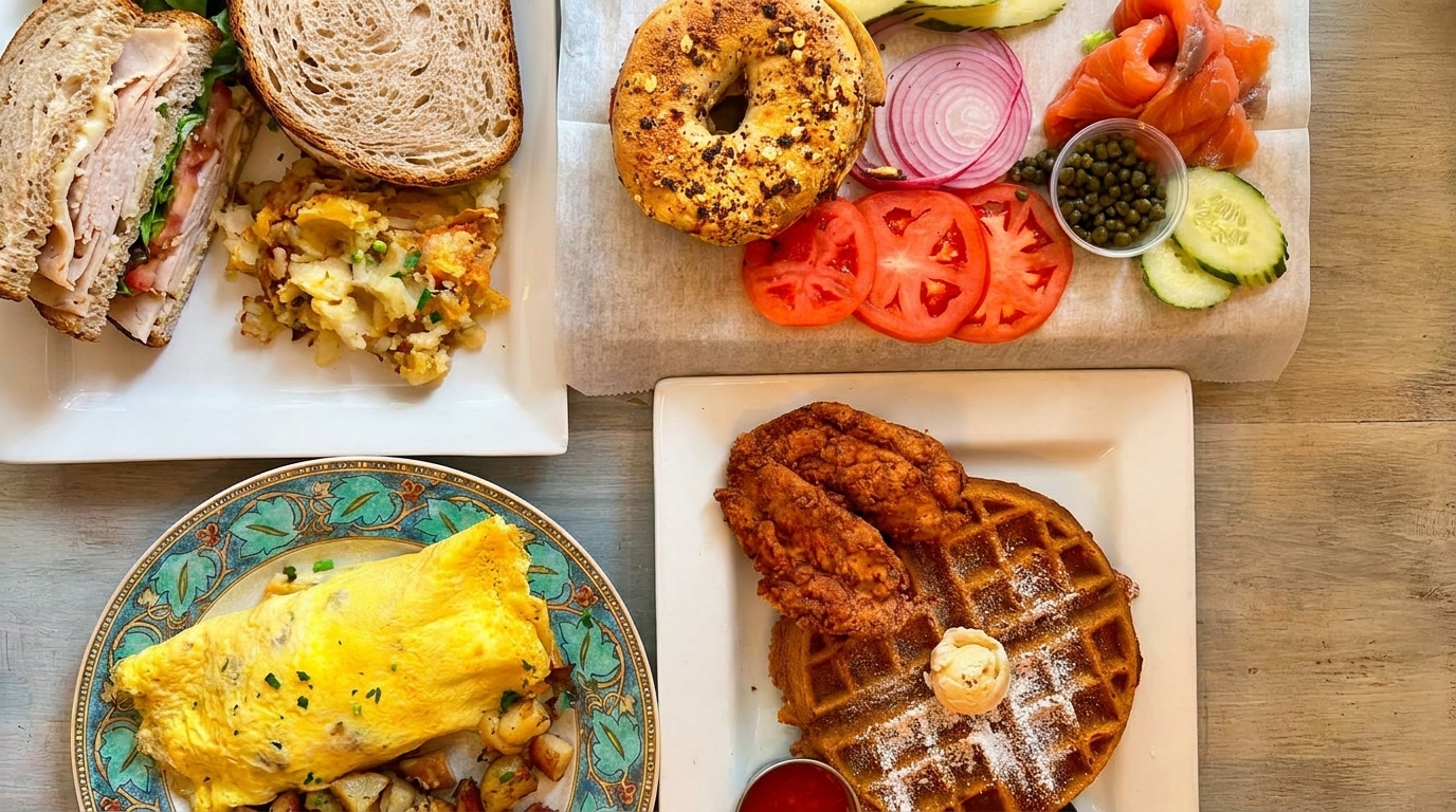 Overhead view of a table with a turkey sandwich, omelet, chicken and waffles, and a bagel with lox.