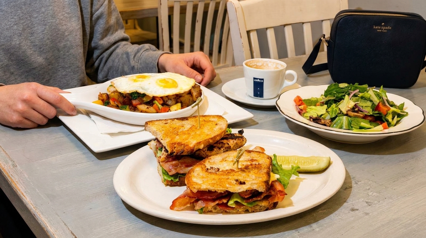 A person's hands near a breakfast skillet with eggs, a club sandwich, coffee, and salad.