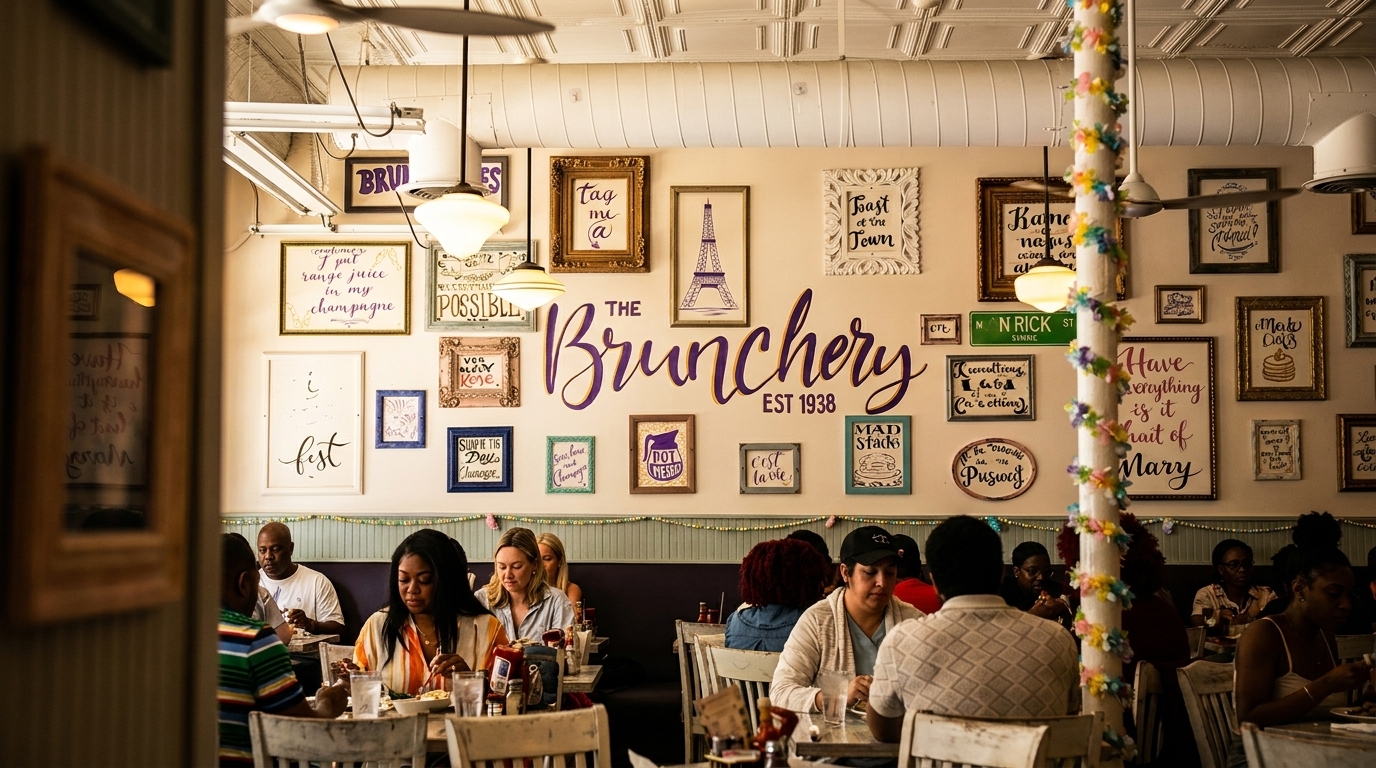 Diners enjoy meals in a brightly lit restaurant with a wall adorned with framed art and "The Brunchery" sign.