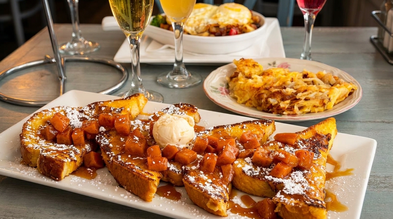 French toast with fruit, ice cream, and syrup, with hash browns and mimosas in the background.