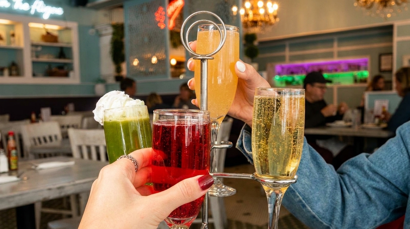Hands holding a mimosa flight with green, red, orange, and yellow drinks in a restaurant.
