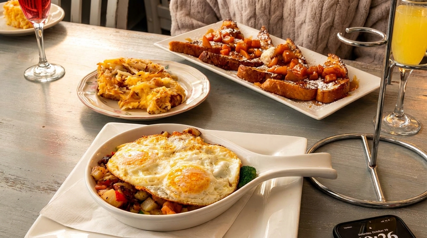 Breakfast spread with French toast, hash browns, eggs over potatoes, and mimosas on a table.