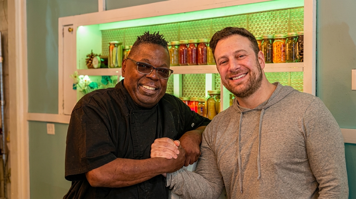 Two smiling men, one in a chef's coat, stand in front of a shelf with jars.