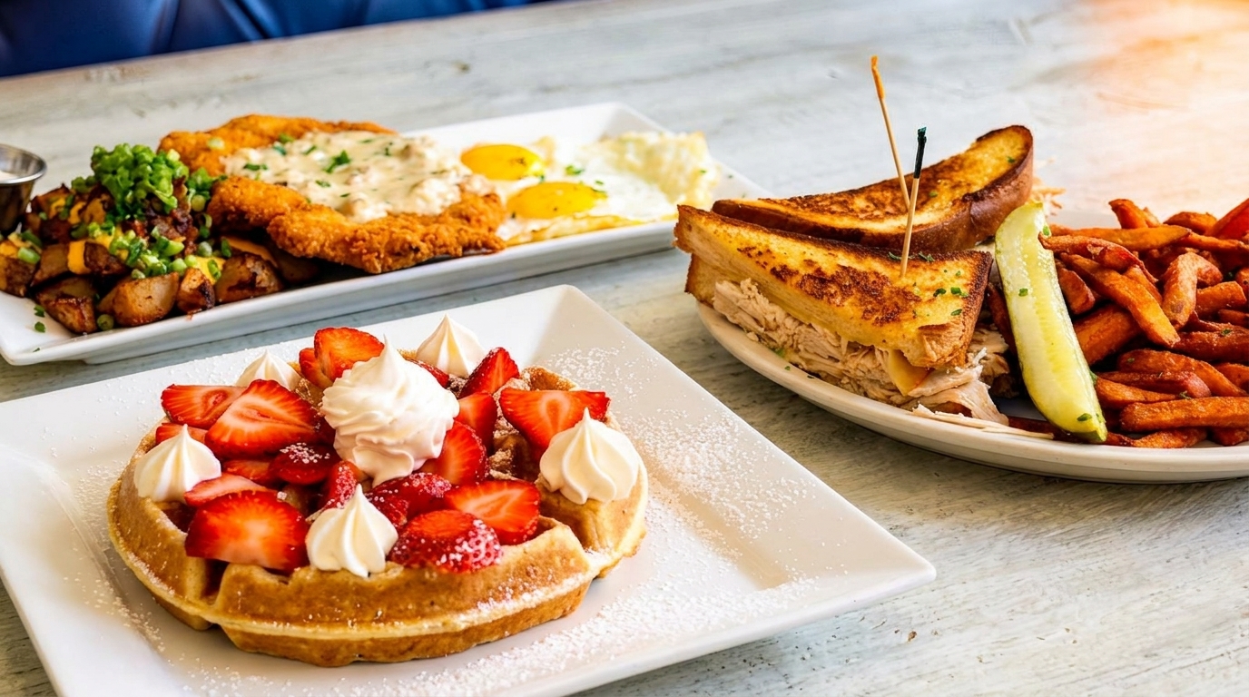 Three plates of food: chicken fried steak, strawberry waffle, and a sandwich with sweet potato fries.